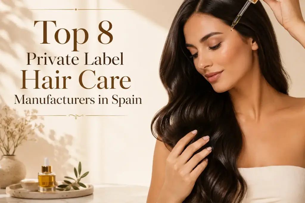 Premium hair care poster showing glossy hair and hair oil for a guide to private label hair care manufacturers in Spain