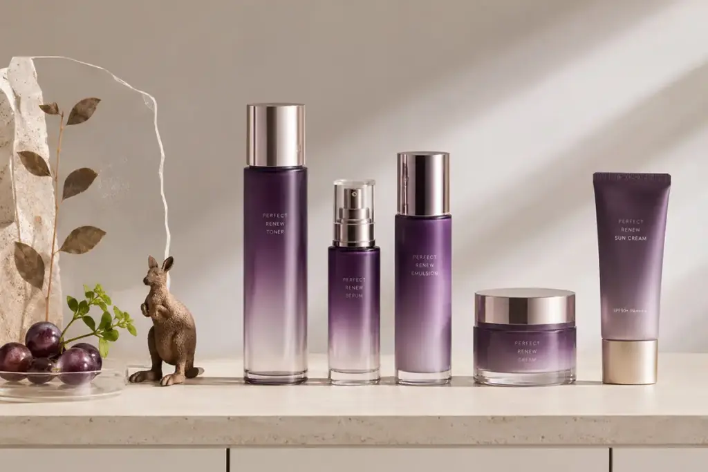 Purple private label skincare product set with toner, serum, emulsion, cream, and sunscreen for Australia skincare manufacturer guide