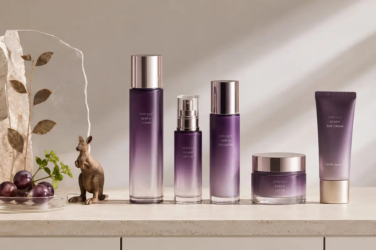 Purple private label skincare product set with toner, serum, emulsion, cream, and sunscreen for Australia skincare manufacturer guide