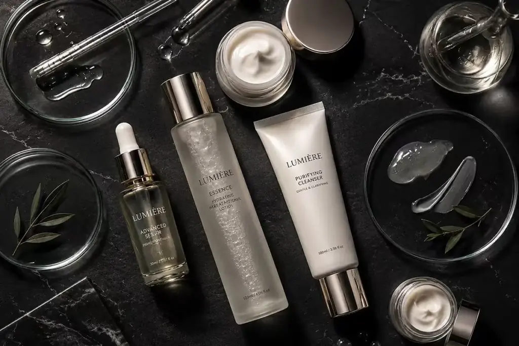 Private label skincare products with serum, cleanser, cream, and lab tools for USA skincare manufacturer guide