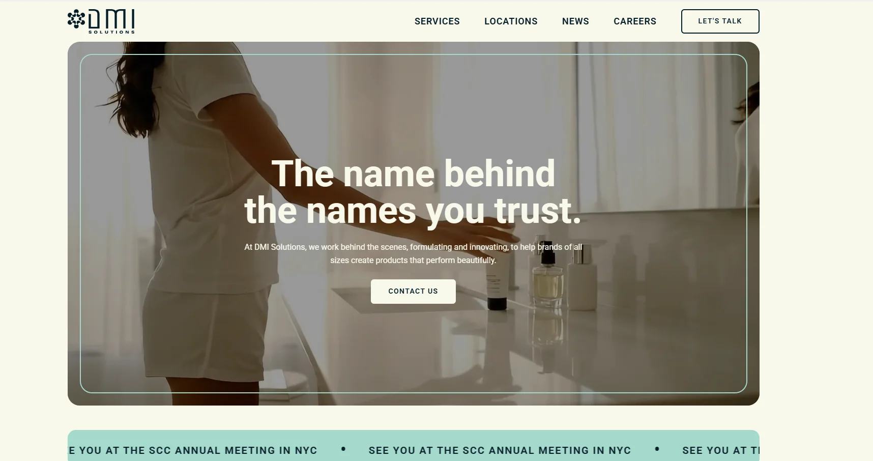 Screenshot of Trademark Cosmetics website representing custom cosmetic formulation, natural skincare products, material sourcing, and turnkey beauty manufacturing