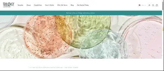 Trilogy Laboratories website screenshot showing private label skincare lab and product texture samples