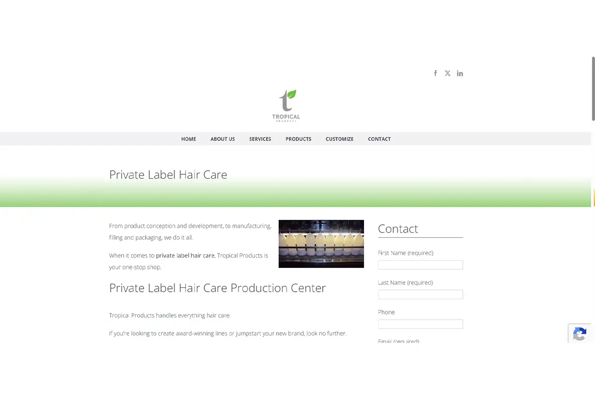 Tropical Products website showing private label hair care manufacturing for shampoo conditioner and styling products