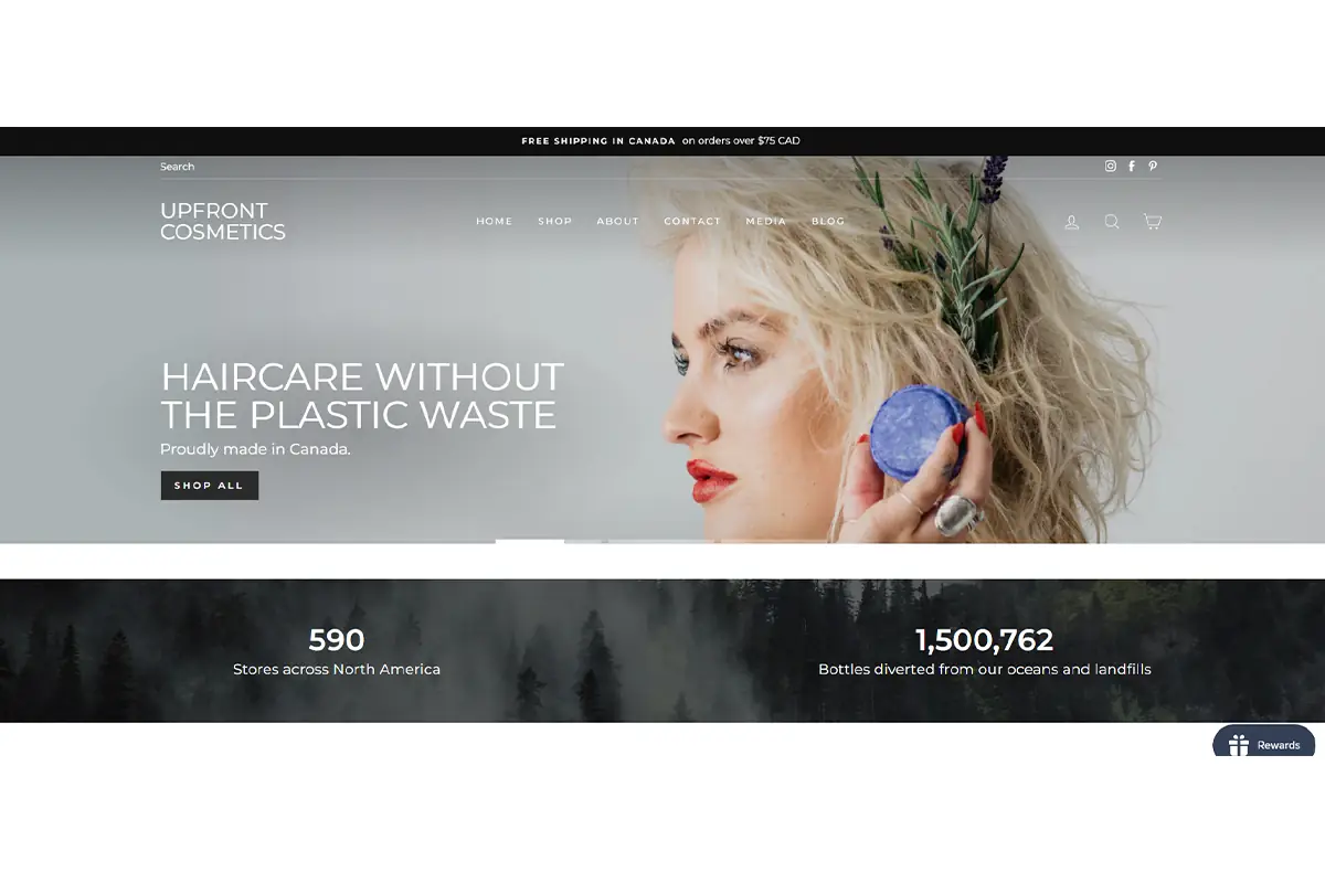 Screenshot of Upfront Cosmetics official website showing private label and contract manufacturing services for shampoo bars, conditioner bars and plastic-free hair care products