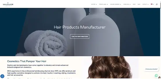 Valquer Laboratorios website screenshot showing hair cosmetics manufacturing for private label brands in Spain