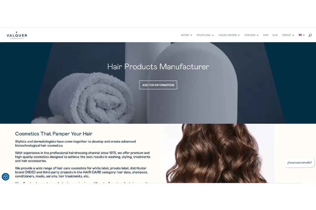 Screenshot of Valquer Laboratorios hair cosmetics manufacturer for private label shampoo, conditioner and hair treatments