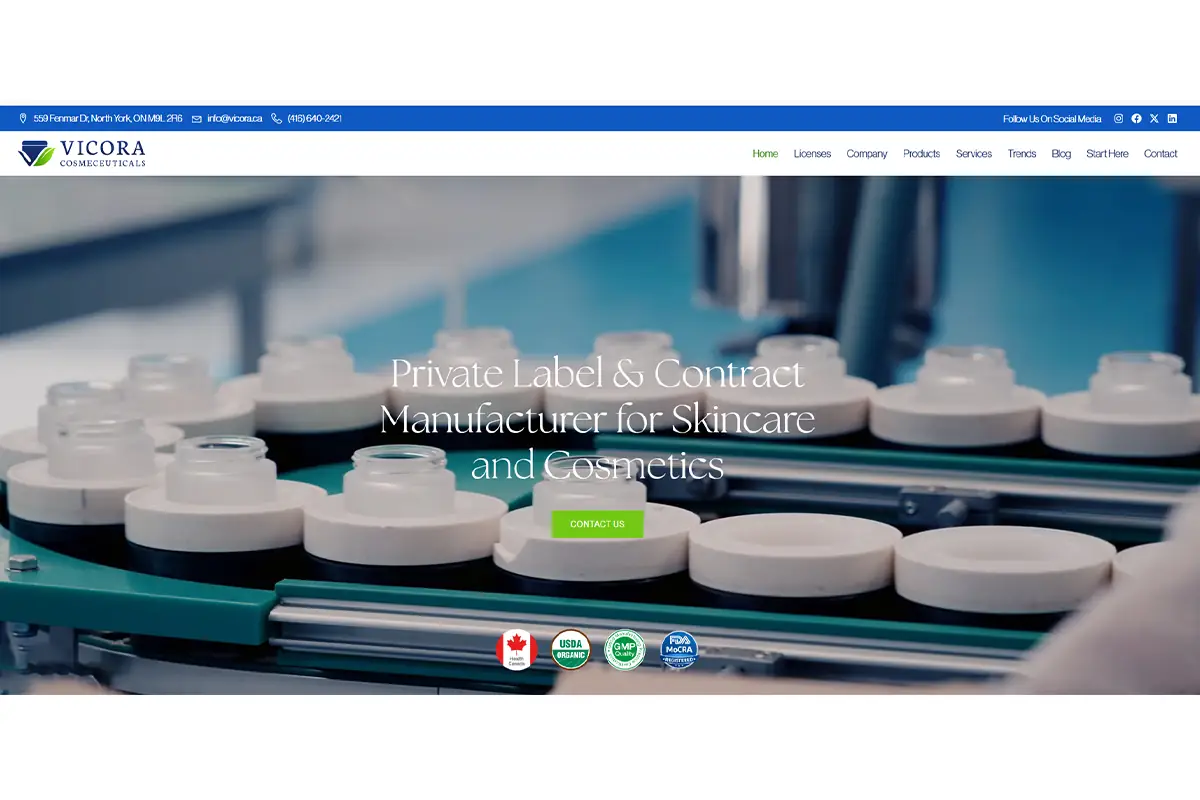 Vicora Cosmeceuticals private label face serum and skincare manufacturing support in Toronto Canada