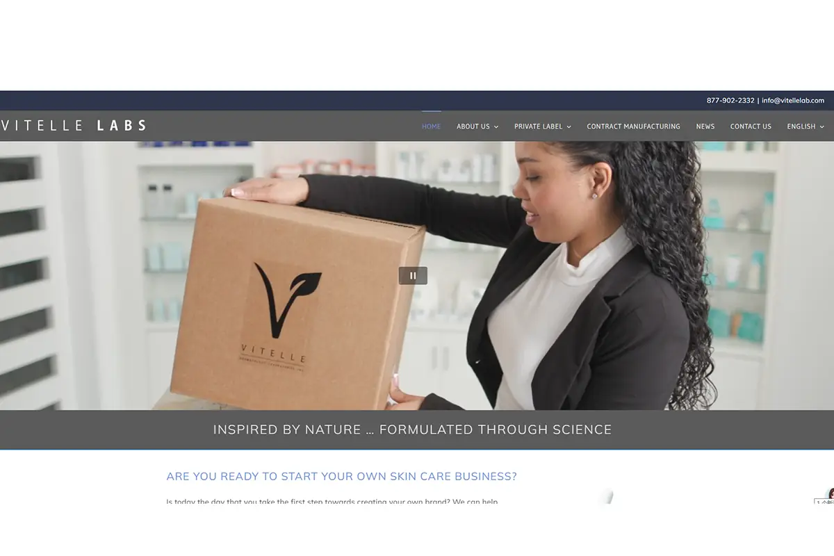 Screenshot of Vitelle Labs official website showing private label skincare, professional skincare, and custom formulation services