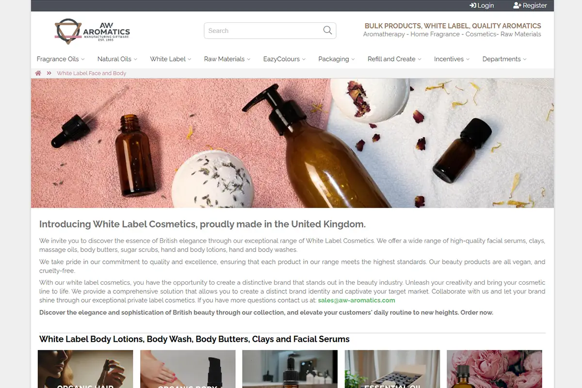 Screenshot of AW Aromatics, a UK white label and private label cosmetics supplier for face and body care products