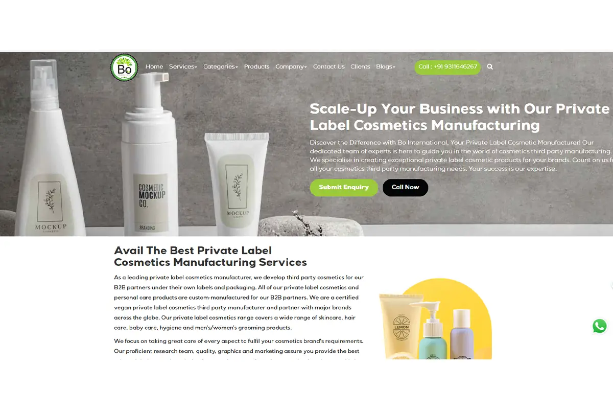 Screenshot of Bo International private label cosmetic manufacturer for skincare haircare and personal care brands