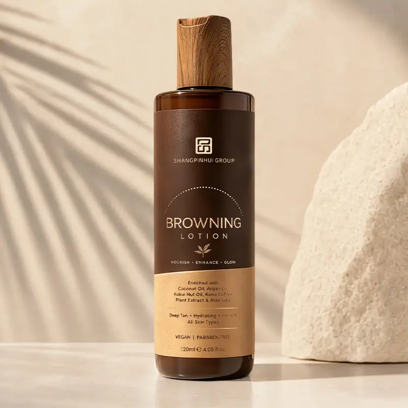 Private label vitamin C coffee-infused tanning lotion bottle with brown packaging and wood grain cap