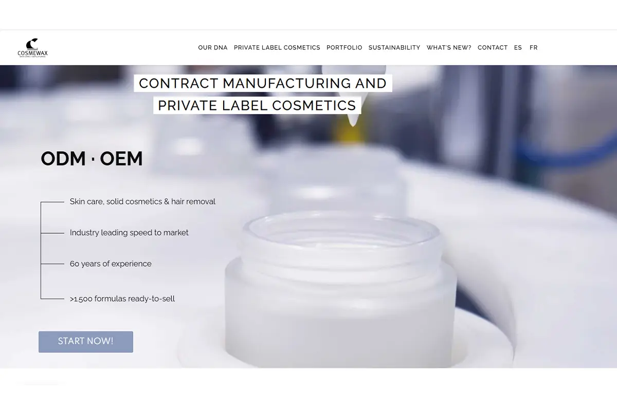 Screenshot of Cosmewax, a Spain-based private label cosmetics manufacturer for skincare and body care brands