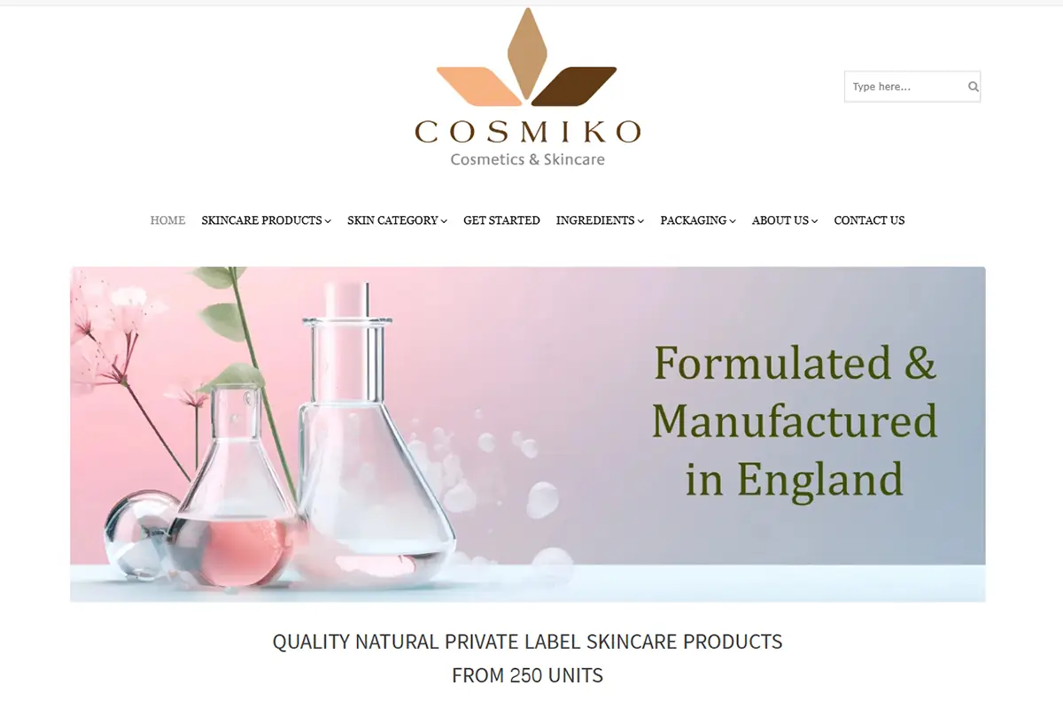 Screenshot of Cosmiko private label hair care website, showing UK-made hair oils, shampoos, conditioners and treatment products.