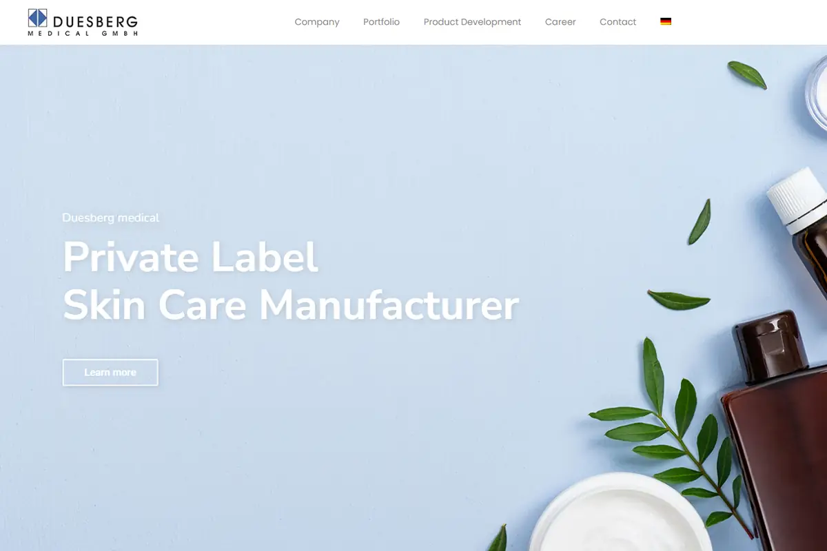 Duesberg Medical official website screenshot for sensitive skin and pharmacy-style skincare manufacturing in Germany
