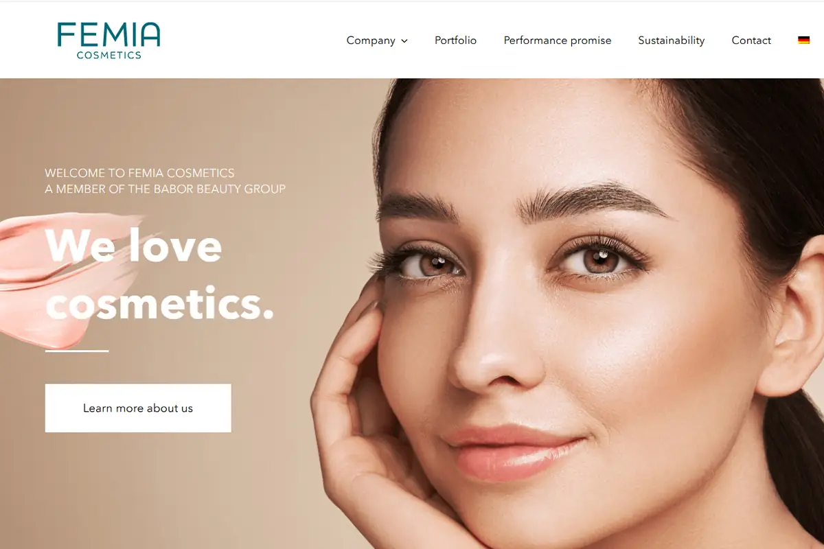FEMIA Cosmetic official website screenshot for Made in Germany private label face care and skin care products