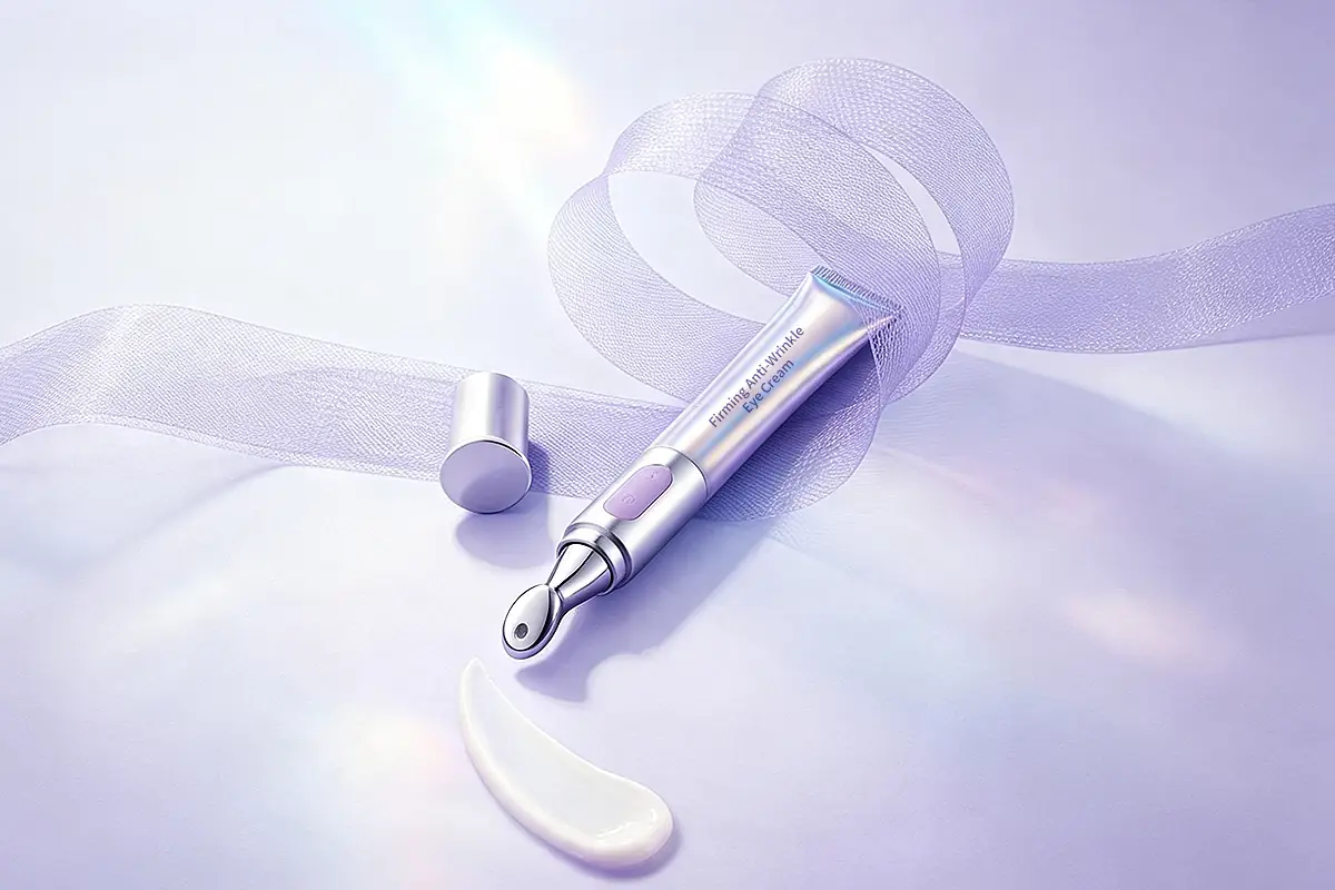 Silver eye cream tube with a cooling metal massage applicator and cream texture on a soft purple background