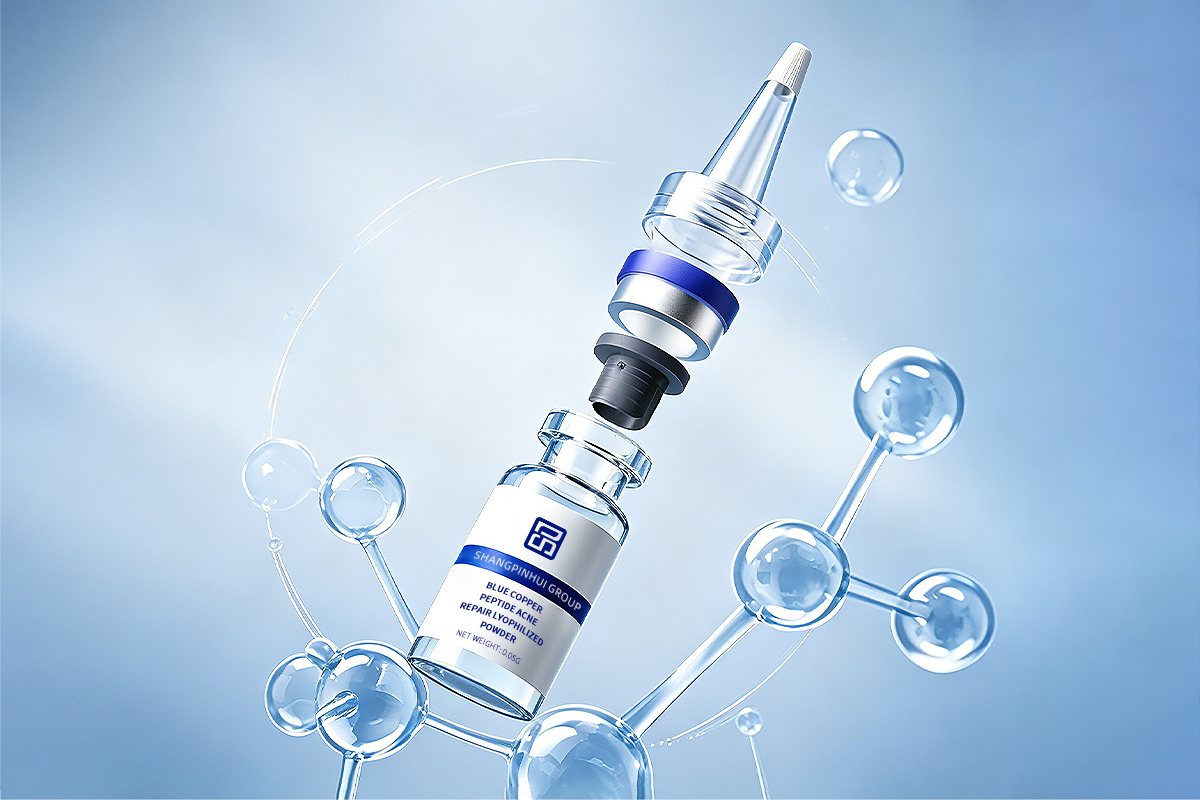 Freeze-dried blue copper peptide skincare powder vial shown with a biotechnology-inspired molecular structure.