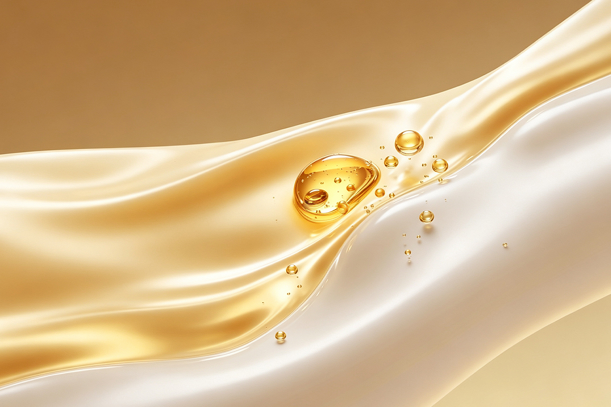 Macro view of a golden active serum texture with suspended droplets representing a premium liquid skincare formula.