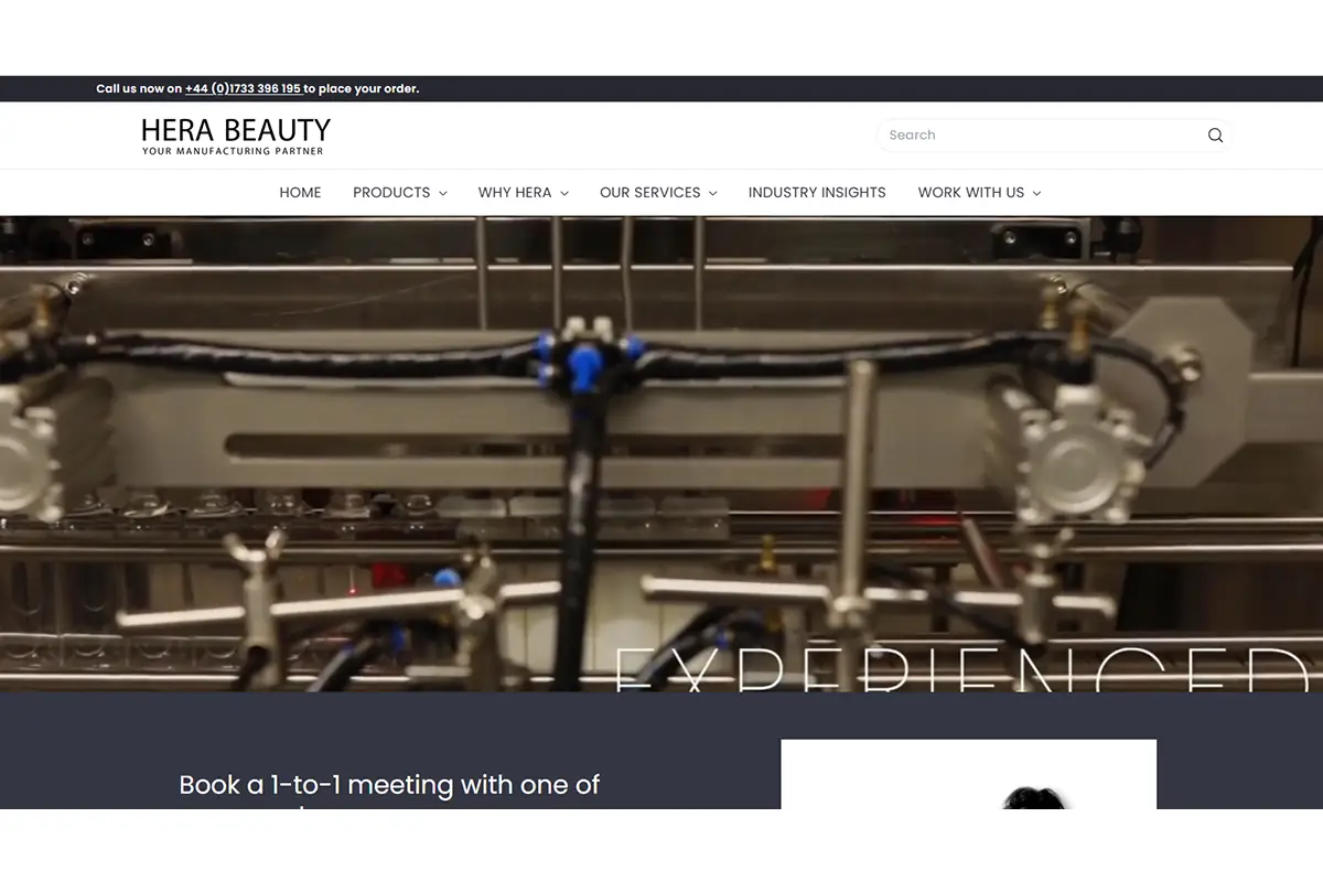 Screenshot of Hera Beauty, a UK contract manufacturer for natural private label skincare and personal care products