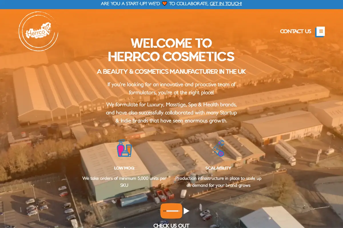 Screenshot of Herrco Cosmetics website, a UK personal care manufacturer supporting hair care, skincare, body care and bespoke production projects.