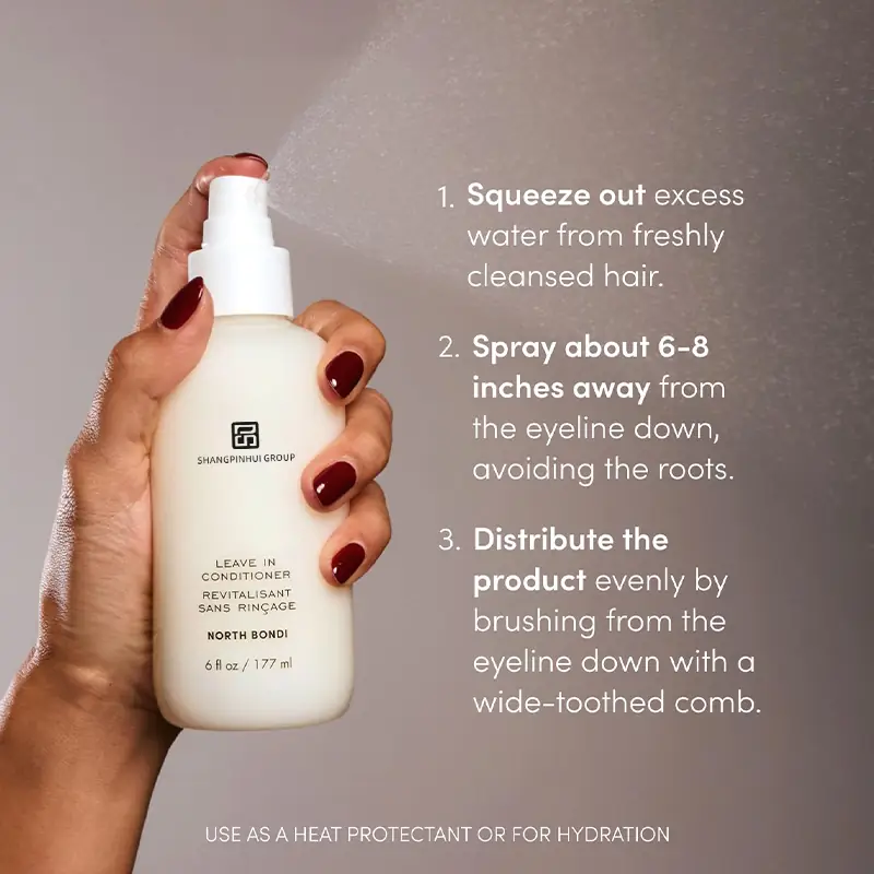How to use private label leave-in conditioner spray on damp hair before styling