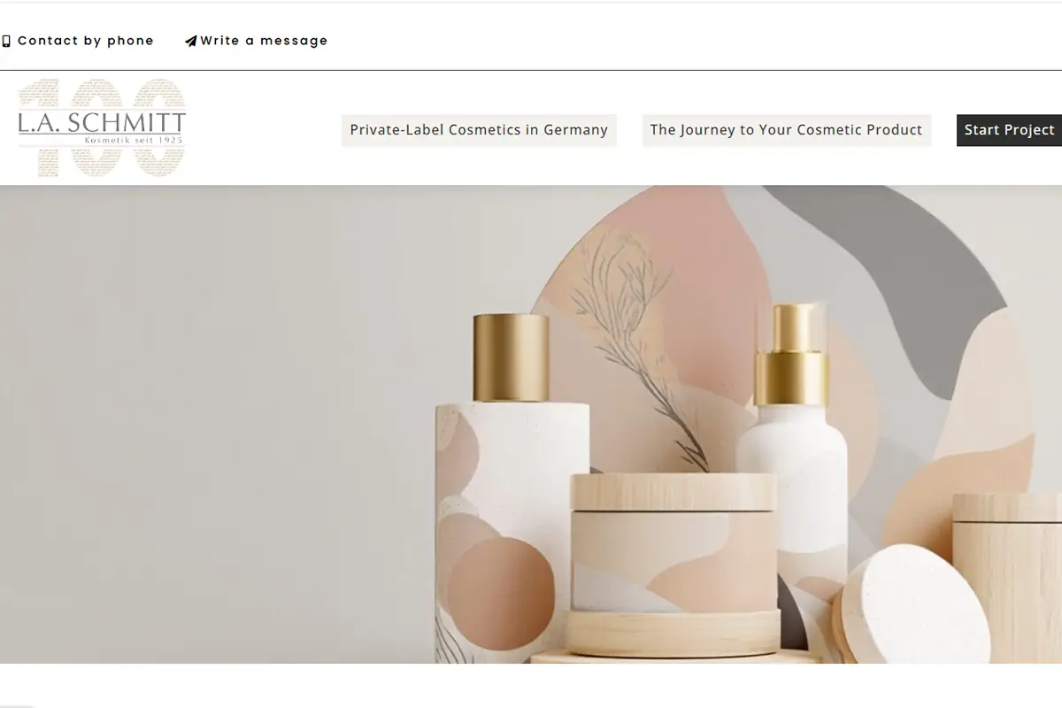 L.A. Schmitt Cosmetics official website screenshot for private label skincare, creams, ointments and functional cosmetic products