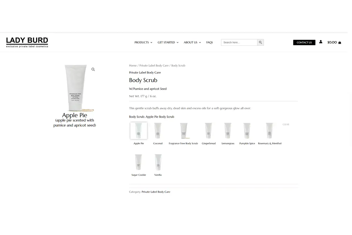 Screenshot of Lady Burd private label body scrub products for beauty and body care brands