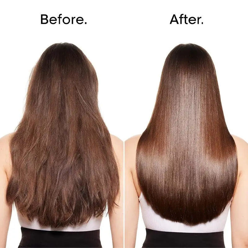 Before and after smooth shiny hair result concept for private label leave-in conditioner spray