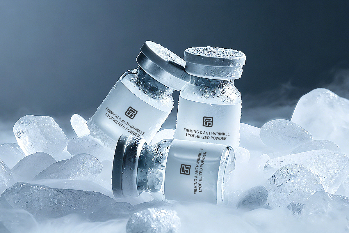 Three freeze-dried anti-wrinkle skincare powder vials displayed on ice to represent low-temperature lyophilization.