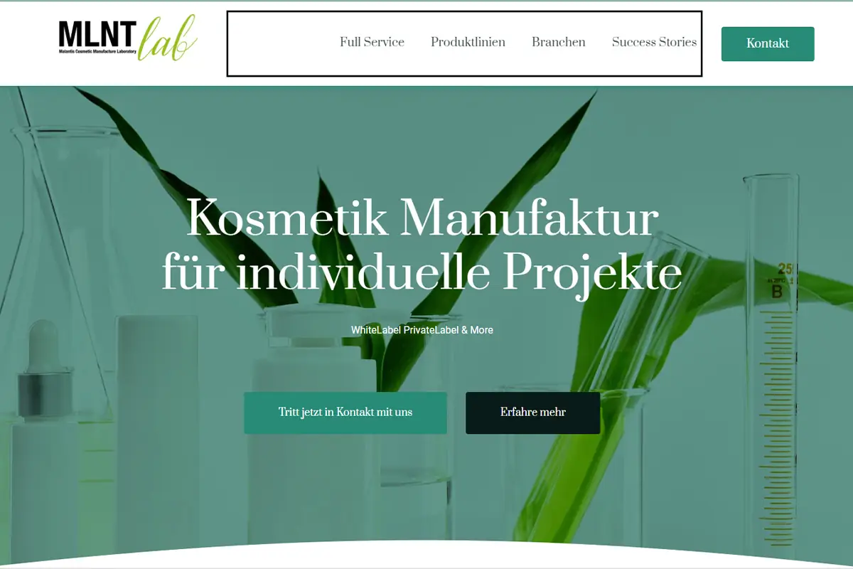 MLNT Lab official website screenshot for boutique natural skincare and private label cosmetic concepts in Germany