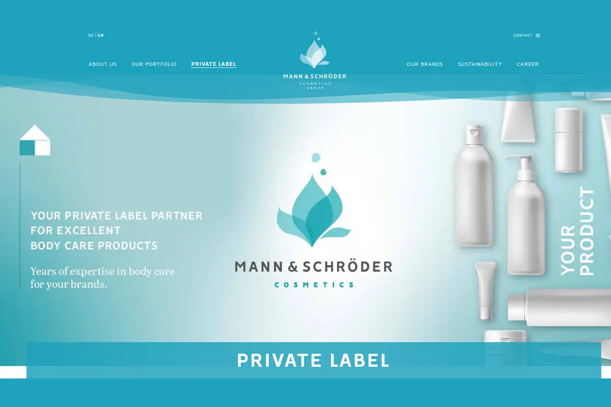 Mann & Schröder Cosmetics official website screenshot for German private label skincare and personal care manufacturing