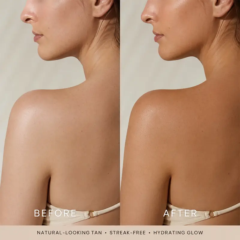 Before and after natural looking medium tan result for professional tanning mousse