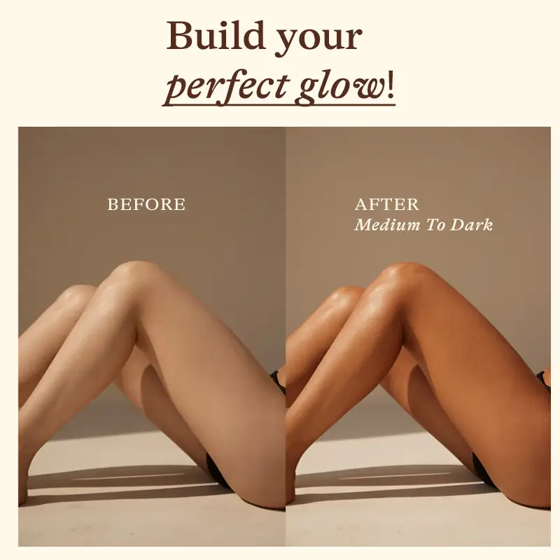 Before and after medium to dark bronze glow concept for organic vegan body tanning mousse
