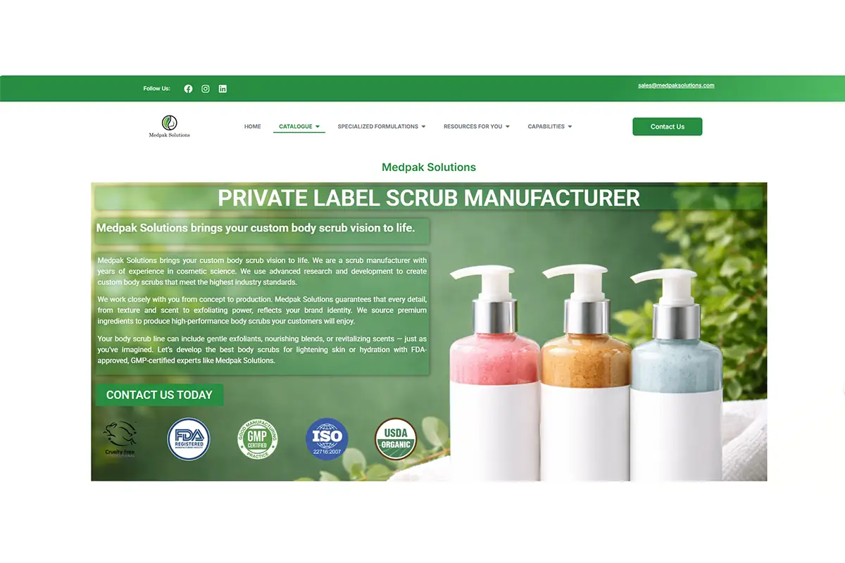 Screenshot of Medpak Solutions scrub manufacturer for custom private label body scrub products