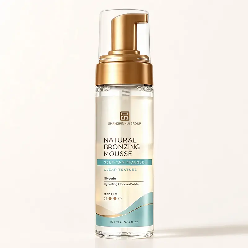 Private label natural bronzer self tan mousse bottle with clear texture and gold pump packaging