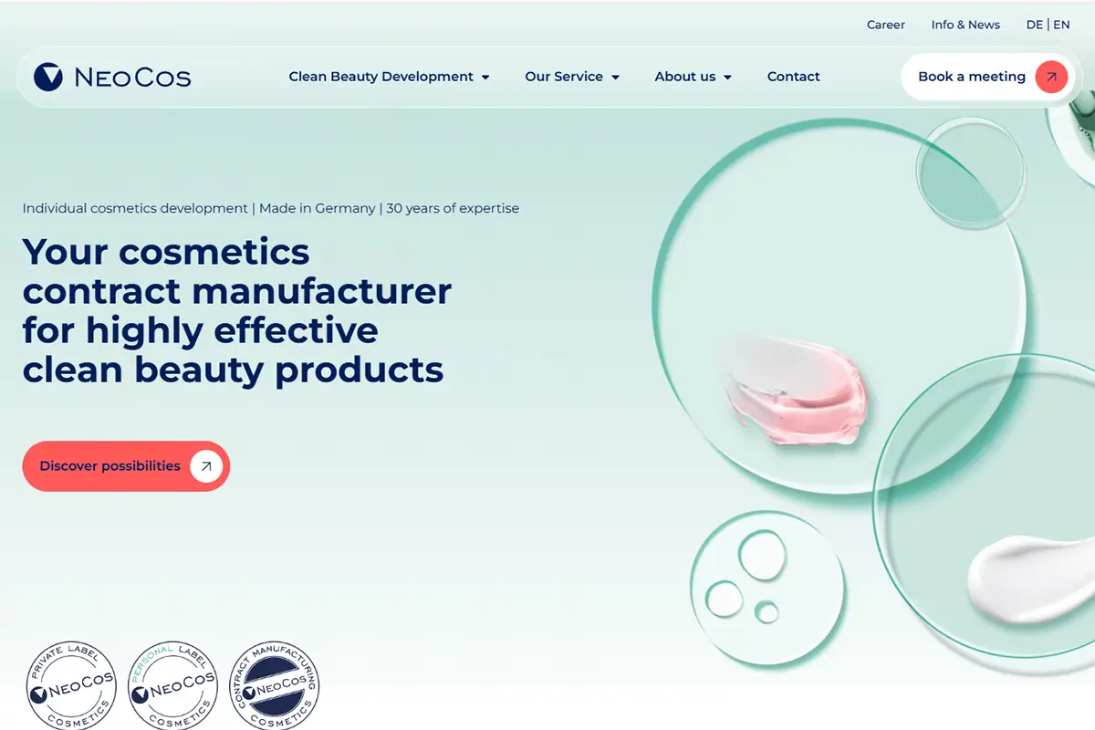 NeoCos official website screenshot for active cosmetics, clean beauty, ISO 22716 and EU-compliant skincare manufacturing in Germany