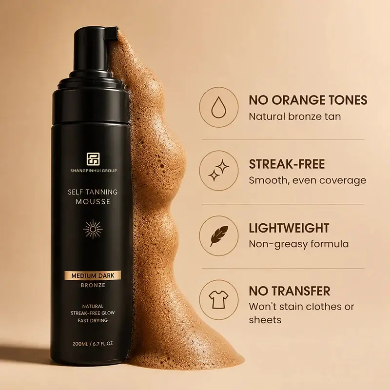 Organic vegan body tanning mousse with no orange tone streak-free and lightweight texture concept