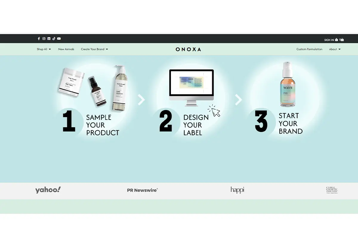 Screenshot of Onoxa private label beauty products for startups launching custom branded skincare and body care lines