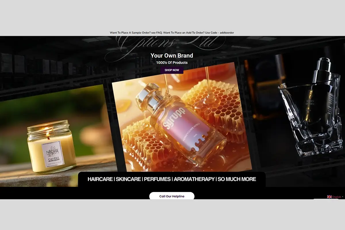 Screenshot of Options Ltd website, showing white label salon hair care products, branding support and private label services for beauty businesses.