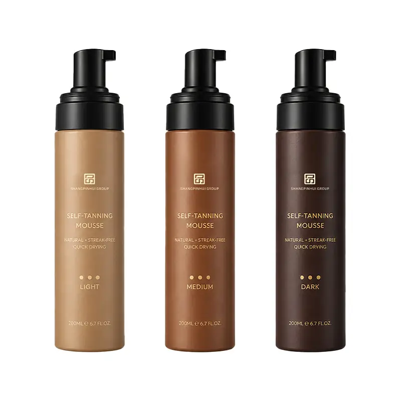 Private label organic vegan body tanning mousse in light medium and dark shade bottles