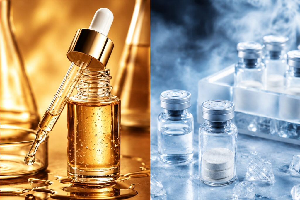 Split comparison of a golden PDRN liquid serum and freeze-dried skincare vials for private label manufacturing.