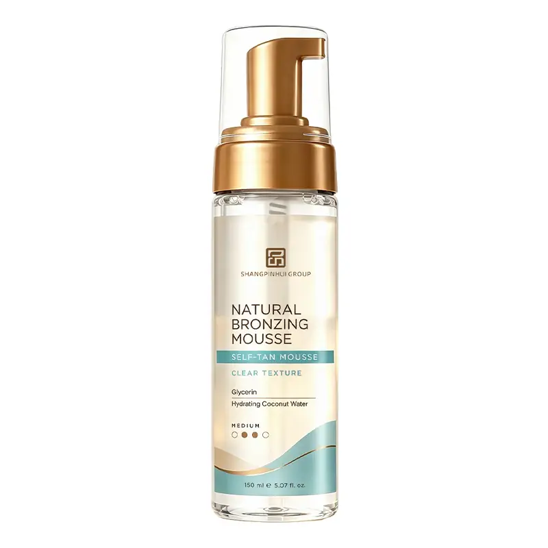 Private label natural bronzer self tan mousse in clear pump bottle with gold pump and teal label design