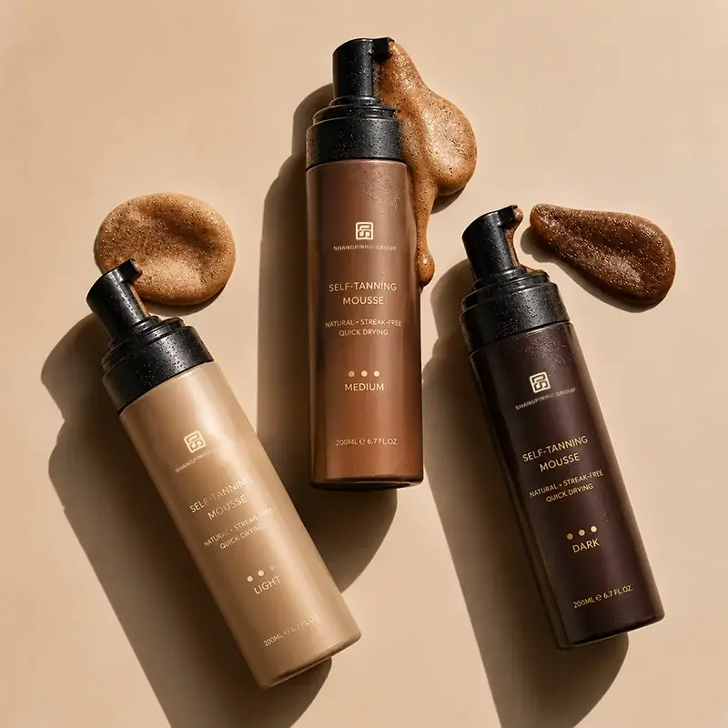 Private label organic vegan body tanning mousse in light medium and dark shades