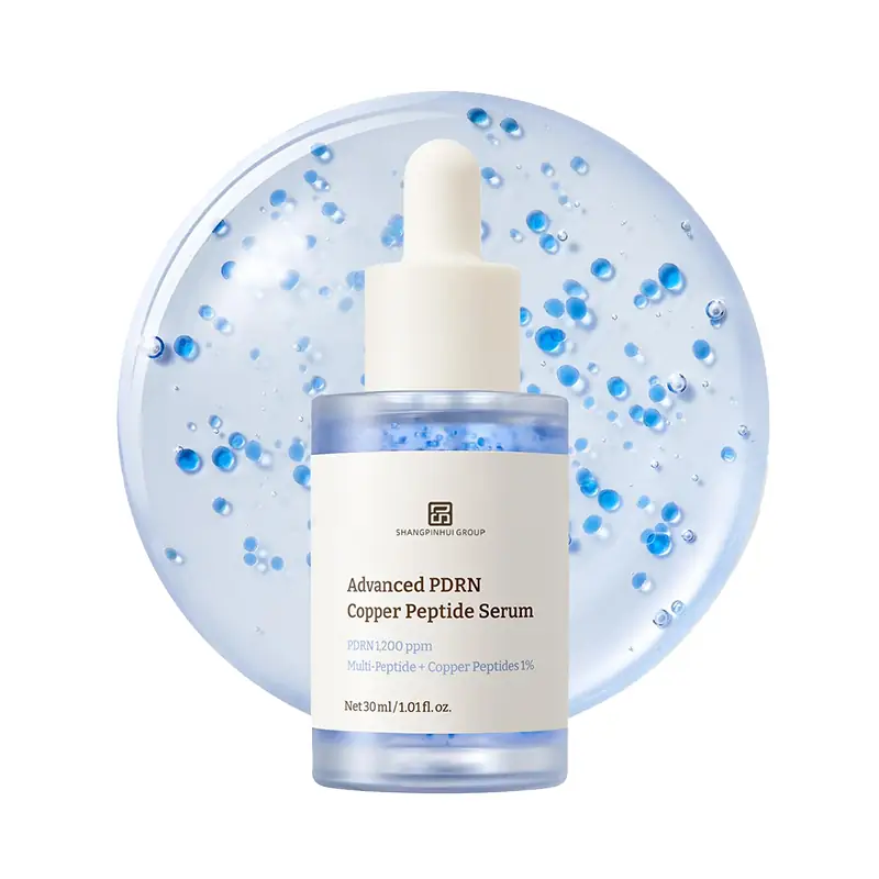 Private label PDRN copper peptide serum bottle with blue capsule texture and dropper