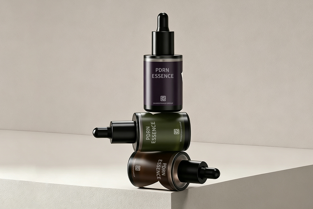 Three private label PDRN essence serum bottles in purple, green and brown packaging for skincare brand development.