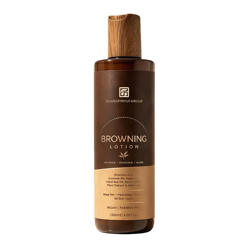 Private label vitamin C coffee-infused tanning lotion bottle with brown label and wood grain cap