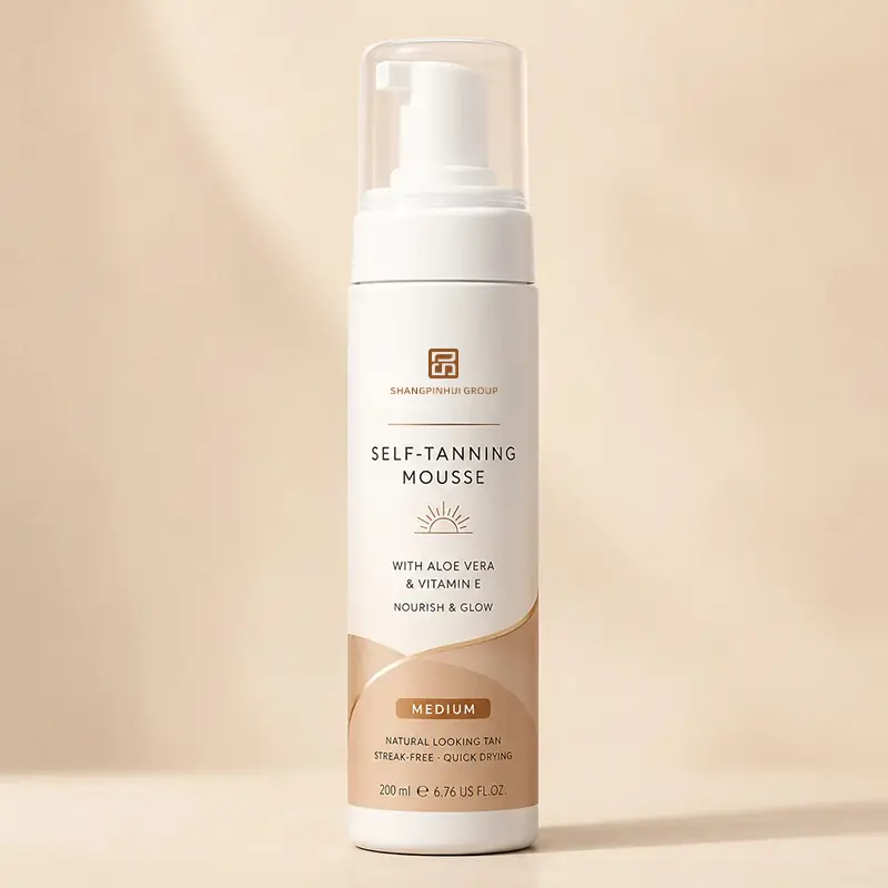 Private label professional develop medium tanning mousse bottle with champagne beige packaging