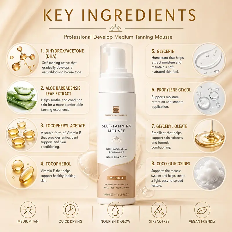 DHA aloe vera vitamin E glycerin and coco-glucosides ingredients for professional medium tanning mousse