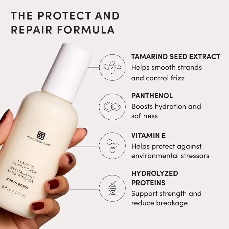 Panthenol vitamin E hydrolyzed proteins and tamarind seed extract for leave-in conditioner formula