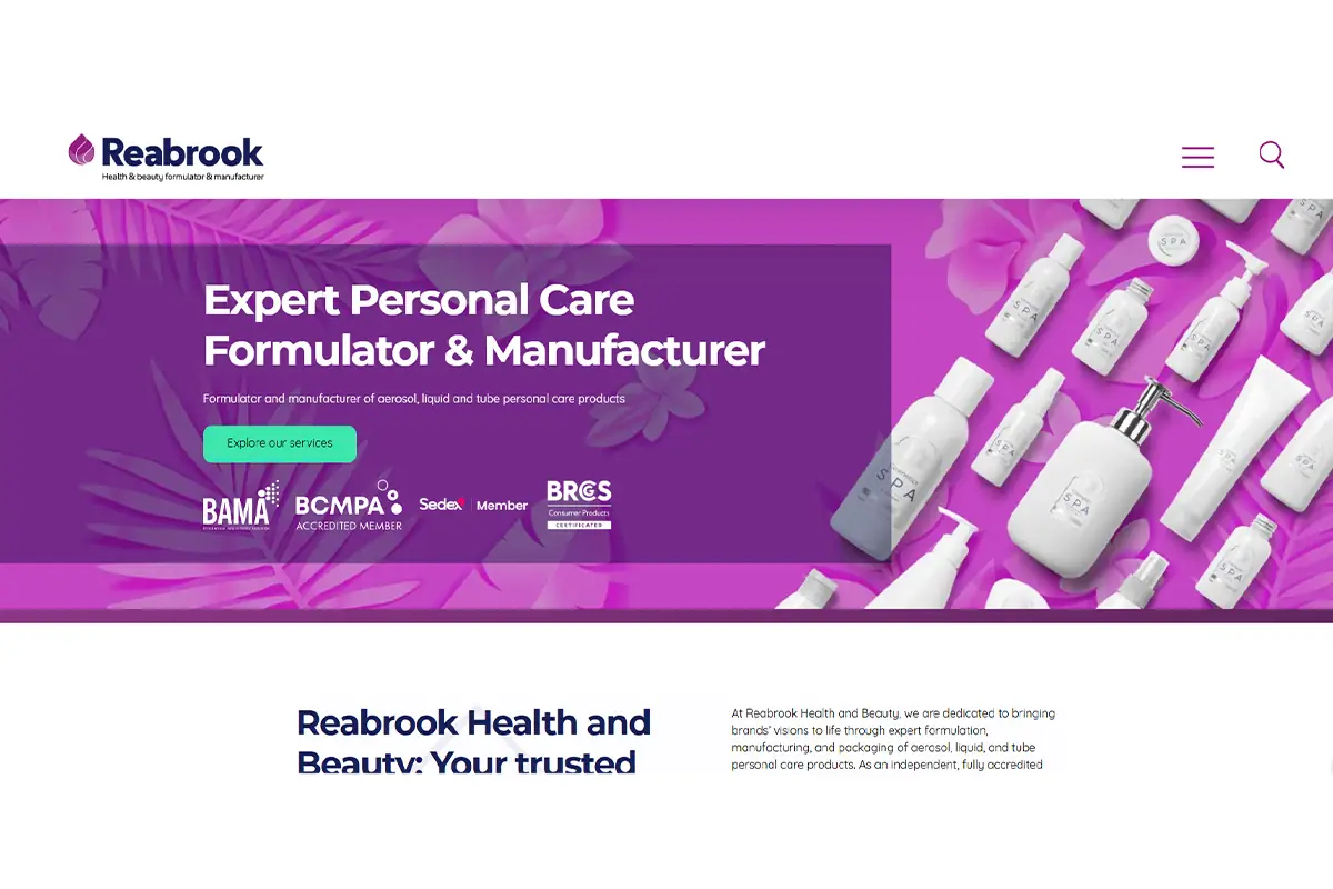 Screenshot of Reabrook Health and Beauty, a UK private label skincare and personal care manufacturer